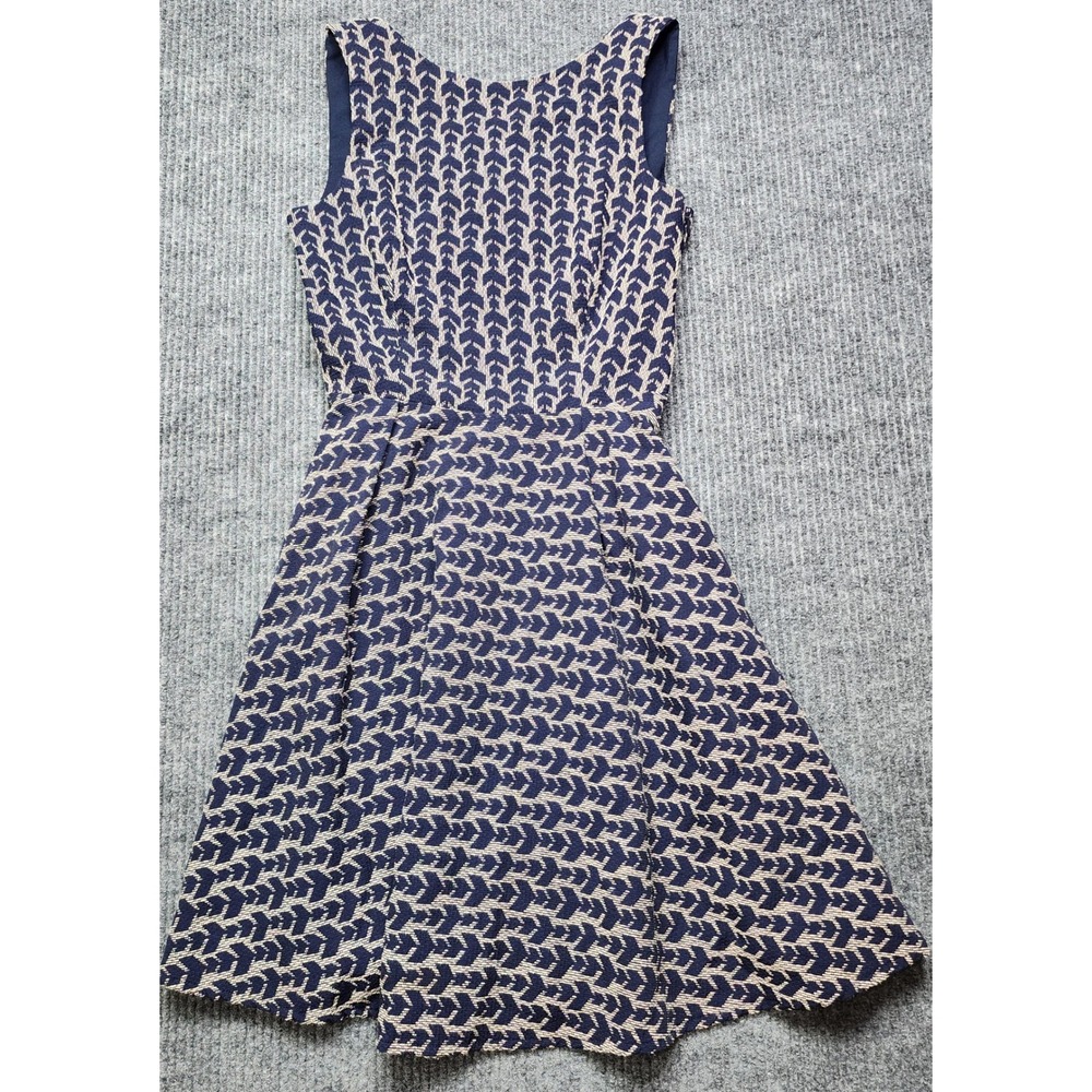 Zara Basic Navy Blue Geometric Arrow Jacquard Open Back Fit Flare Dress XS